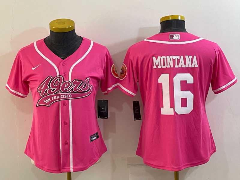 Womens San Francisco 49ers #16 Joe Montana Pink With Patch Cool Base Stitched Baseball Jersey
